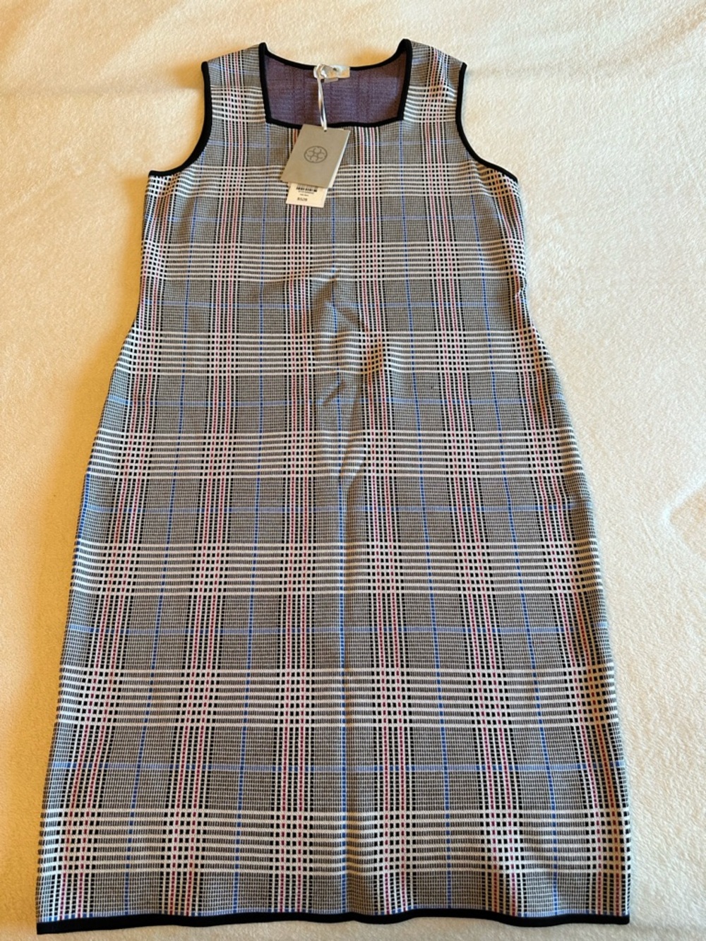 Carlisle Sleeveless Plaid Midi Sheath Dress in Black, Gray and Blue